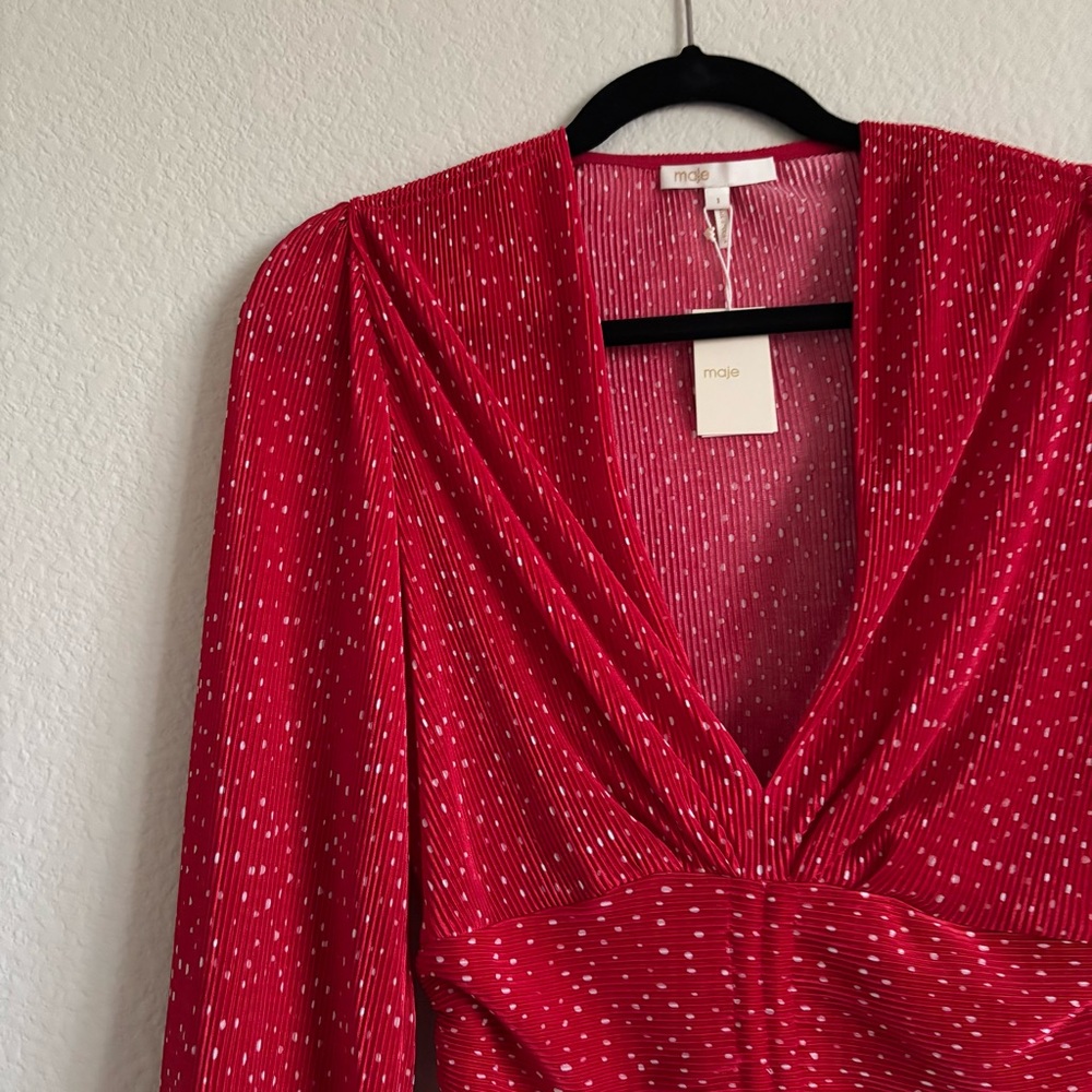 New Maje Red rouge Ruched cropped polka dot Blouse size 1 small top women’s - Picture 8 of 14